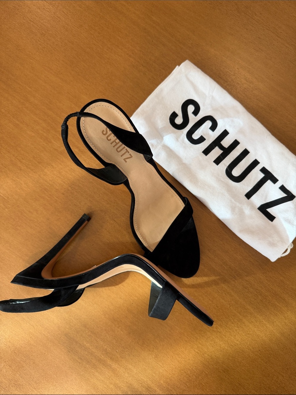 SCHUTZ Black Suede Open-Toe Slingback Heels - Picture 13 of 14